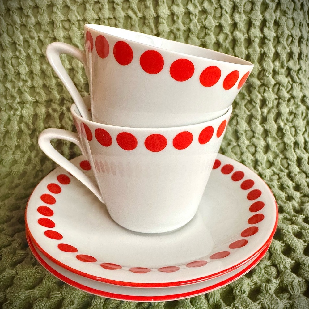 Vintage Northland Set of 2 Red Polka Dot Teacups and Saucers Set